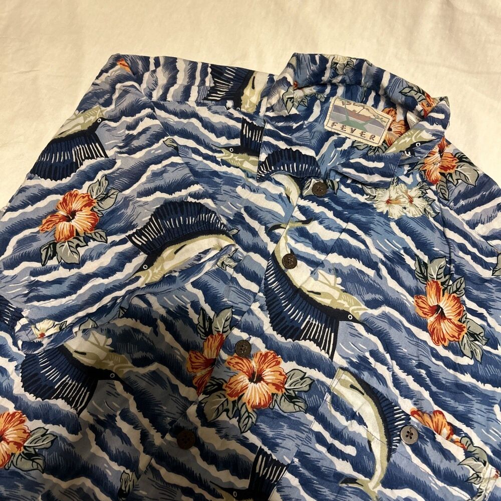 Vintage Island Fever Hawaiian Shirt Men's 1XB Blue Ocean Wave Marlin Rayon HK